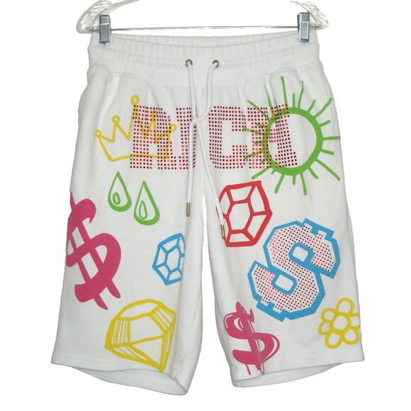 Genuine Authentic Garments Mens Graphic Print 'RICH' Embellished Shorts Size L - Picture 1 of 9